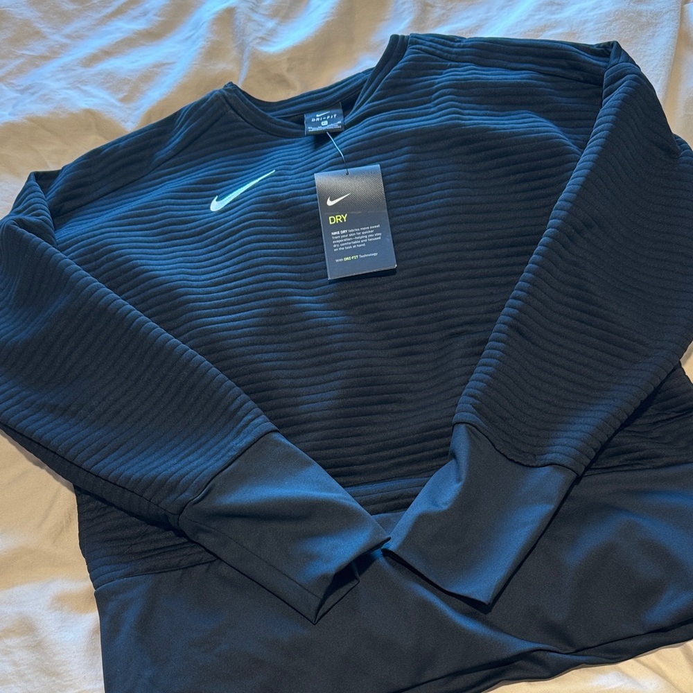 Nike Black Ribbed Dry-FIT Crew Sweatshirt with White Swoosh